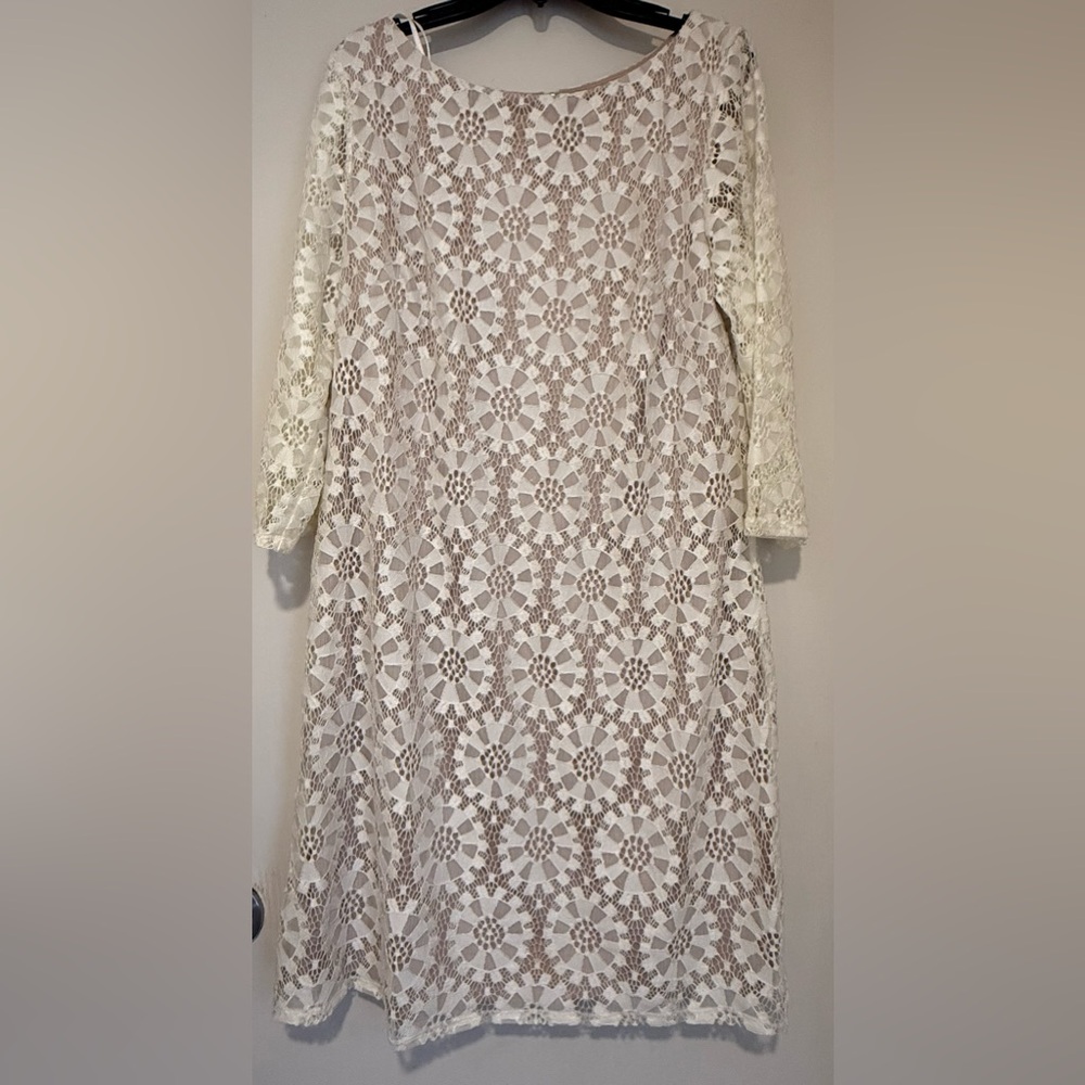 Vince Camuto cream lace midi dress.